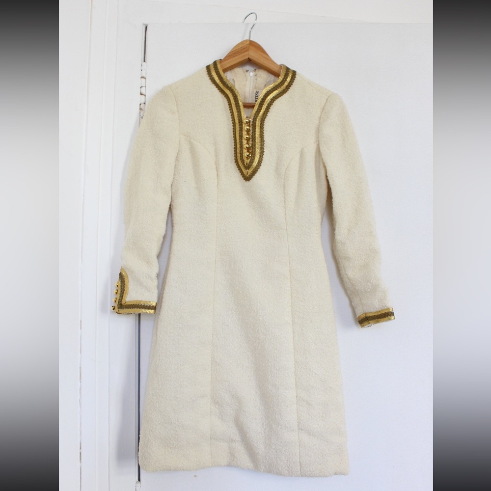 Vintage 60s 70s Marie Martine Paris Boucle Cream Mini Dress XS XXS
